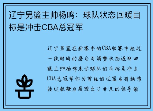 辽宁男篮主帅杨鸣：球队状态回暖目标是冲击CBA总冠军